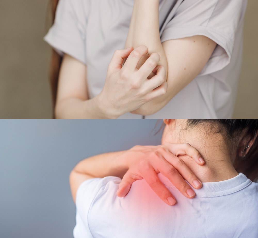 痛そうに腕を抑える様子、肩こりが辛そうな様子